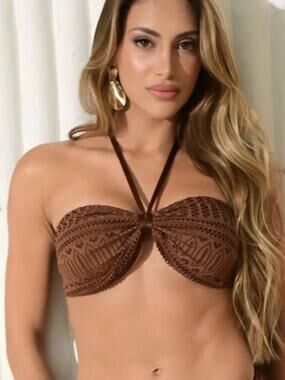 Brown Crochet Bandeau Brazilian Bikini Set Ring Detail Swimwear - Large